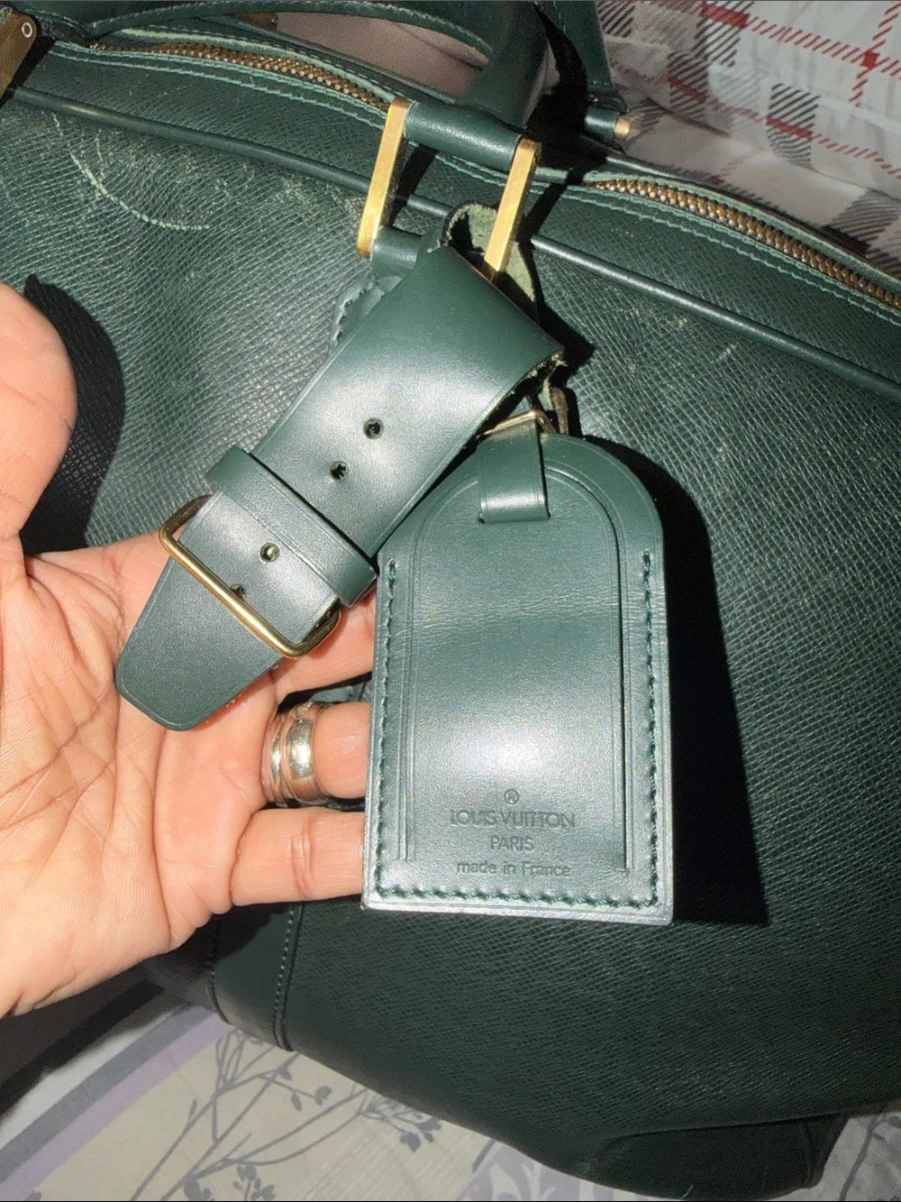Louis Vuitton Green Leather Travel Duffel with Gold-Tone Hardware .